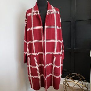 EUC Modcloth Women's Red Plaid Long Heavy Open Front Cardigan Pockets Sweater 1X